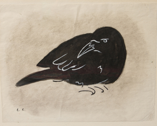 Charles B. Culver (American, 1908-1967), ‘Crow,’ watercolor and chalk on paper,  8 1/2 x 11 inches, initialed lower left 'C.C.' Estimate $150-$200. Stefek’s Auctioneers & Appraisers.